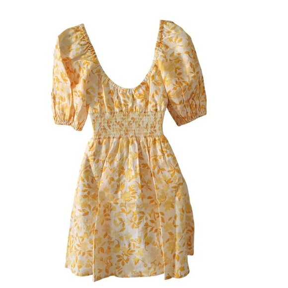 Peony Swimwear Linen Smocked Mini Dress Daffodil Floral Dress- M - Picture 3 of 11